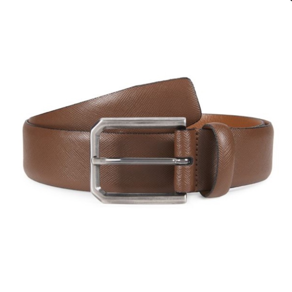 W. Kleinberg Leather Textured Belt - Cognac - Silver Tone Buckle- 42